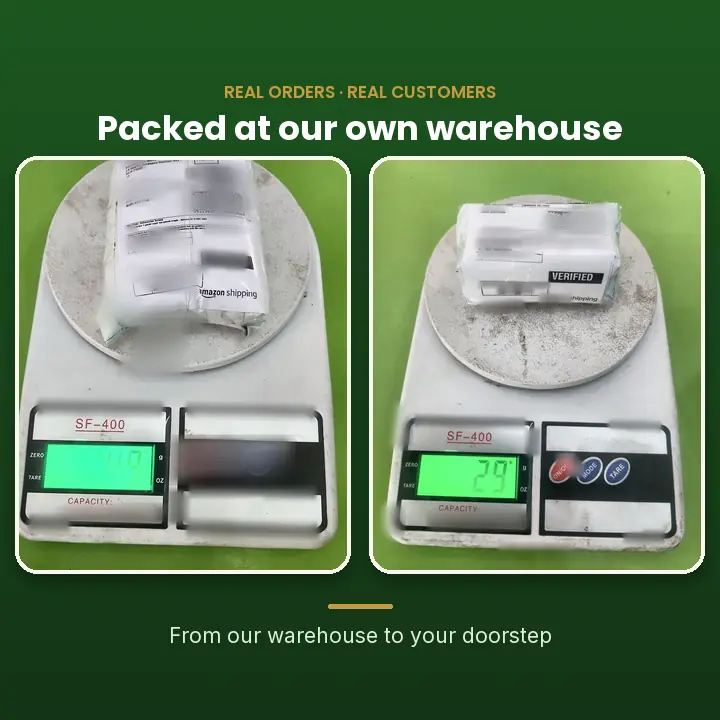 Real parcels packed and weighed at the Ayurveda Holic warehouse, customer details blurred